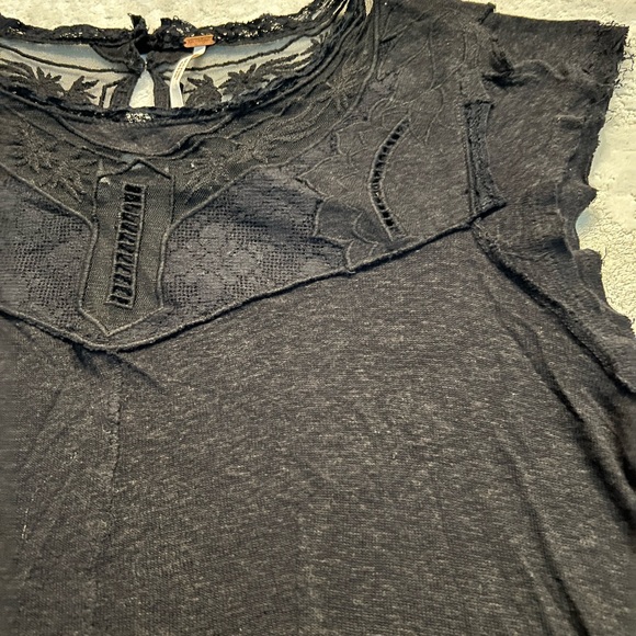 2/$8 Free People Black Mesh Yoke Lace Crop Top w/ Flutter Sleeve, Raw Hem Detail - Picture 5 of 5